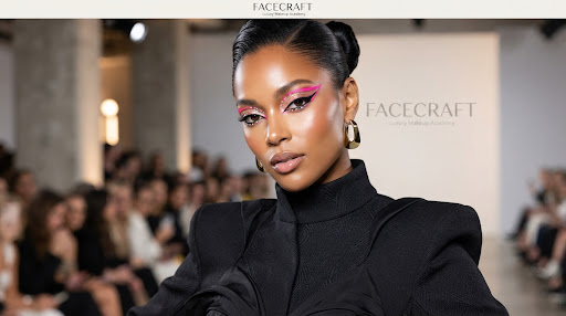 Design  — High-fashion editorial runway model with graphic bold chromatic eye makeup, sharp eyeliner, metallic pigments in neon pink and soft gold