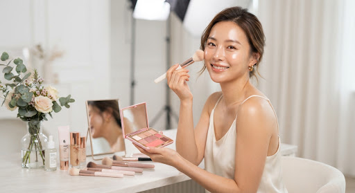Design  — Minimal dewy natural makeup tutorial setup with model showing glow skin, soft brush and pink cosmetics palette