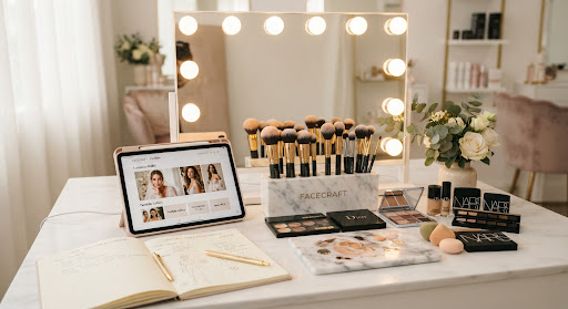 Design  — Professional makeup artist desk with high-end designer brush set, vanity mirror lights, client consultation notebook and digital iPad portfolio